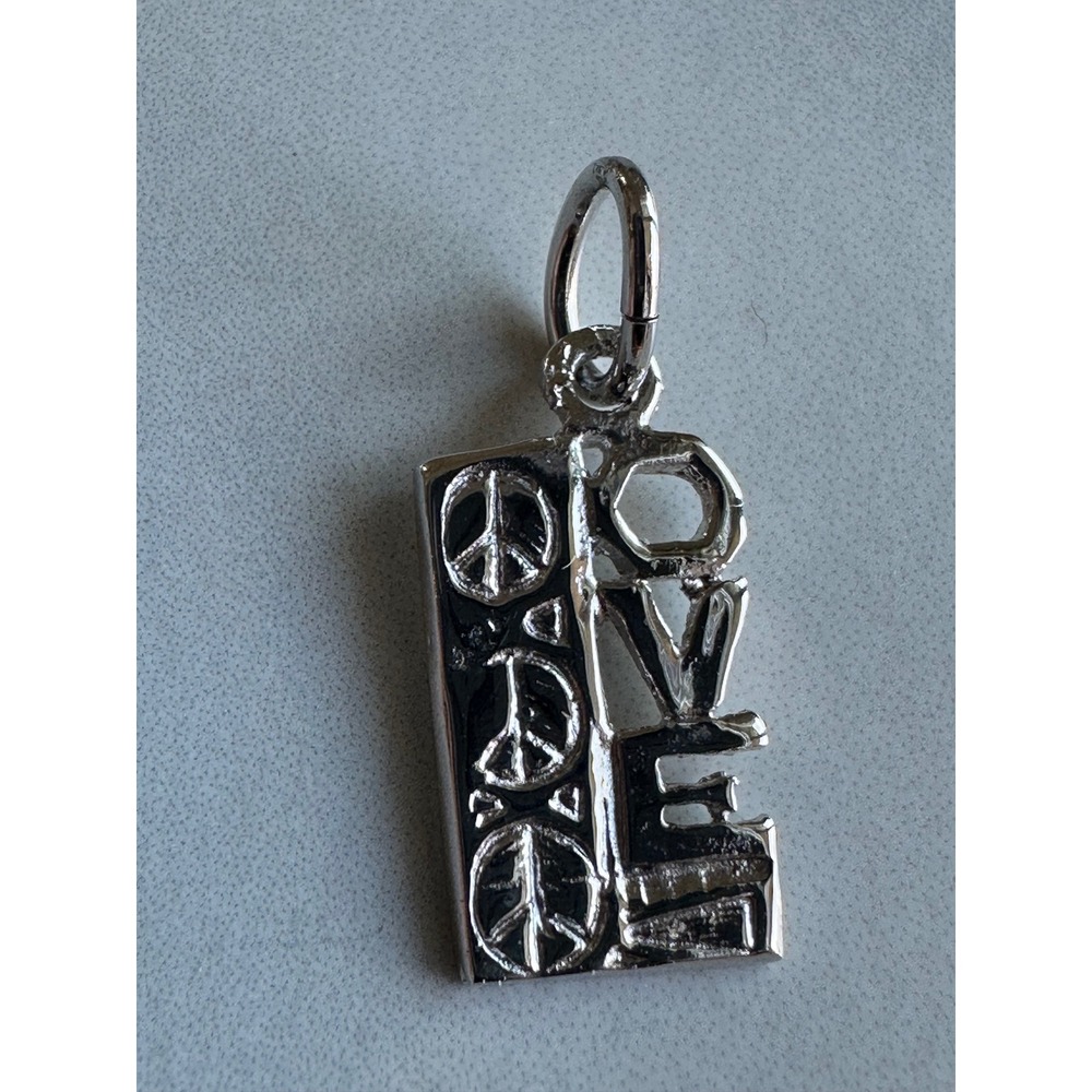 Sterling Silver Love Peace Sign Pendant Charm Vertical Rectangular 925 1g STER
